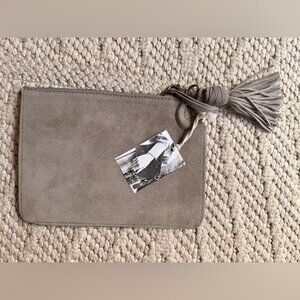 NWT MERSEA GRAY SUEDE ZIPPER CLITCH BAG & TASSEL KEYCHAIN!